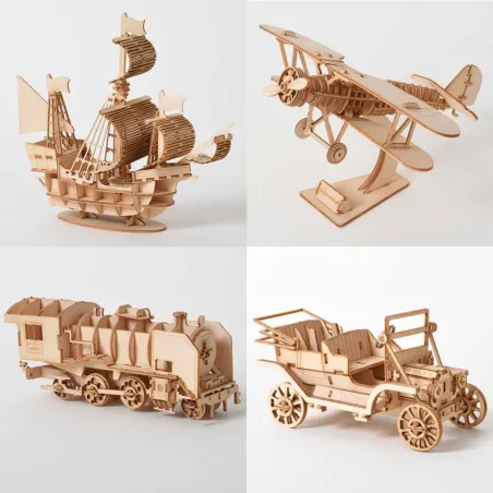 Navire de voile - biplane - vapeur locomotive - voiture - puzzle en bois 3D - kit de montage - découpe laser